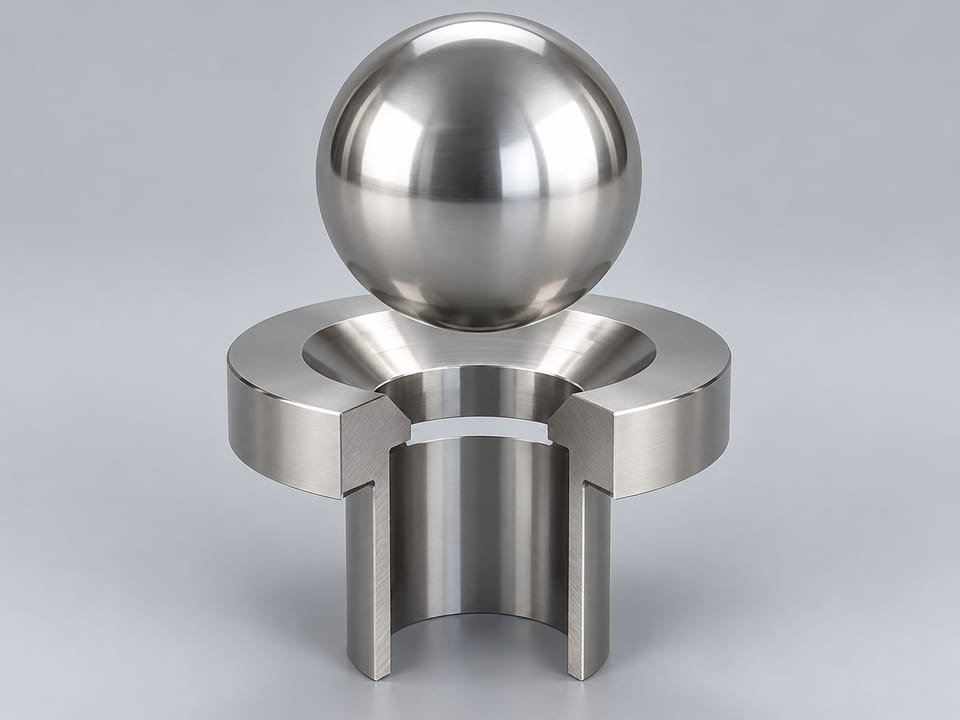 Conceptual CGI: Complete AISI 316 or low-carbon 316L austenitic stainless steel sphere above a conical annular seat and an aligned open vertical bore; axial component contact concept