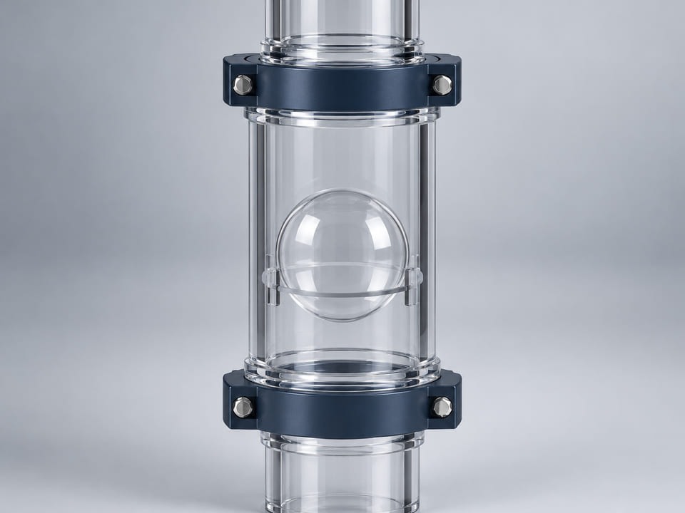 CGI conceptuelle : chambre d’observation transparente avec une sphère pleine en PMMA transparent retenue par un support annulaire ; concept de composant pour fluide