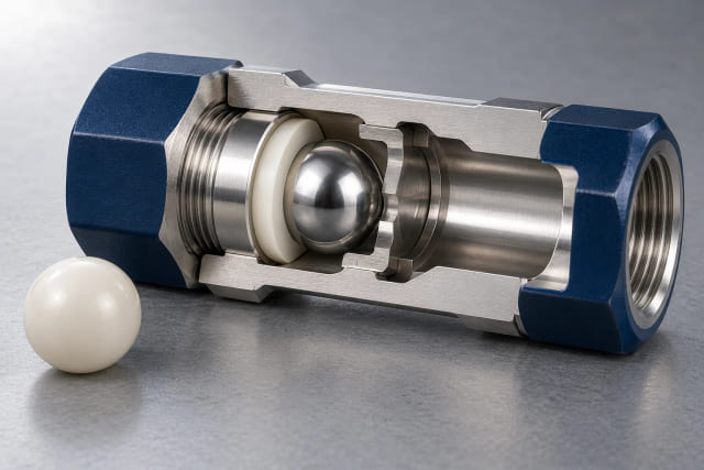 CGI check-valve concept showing a spherical ball contacting an annular seat