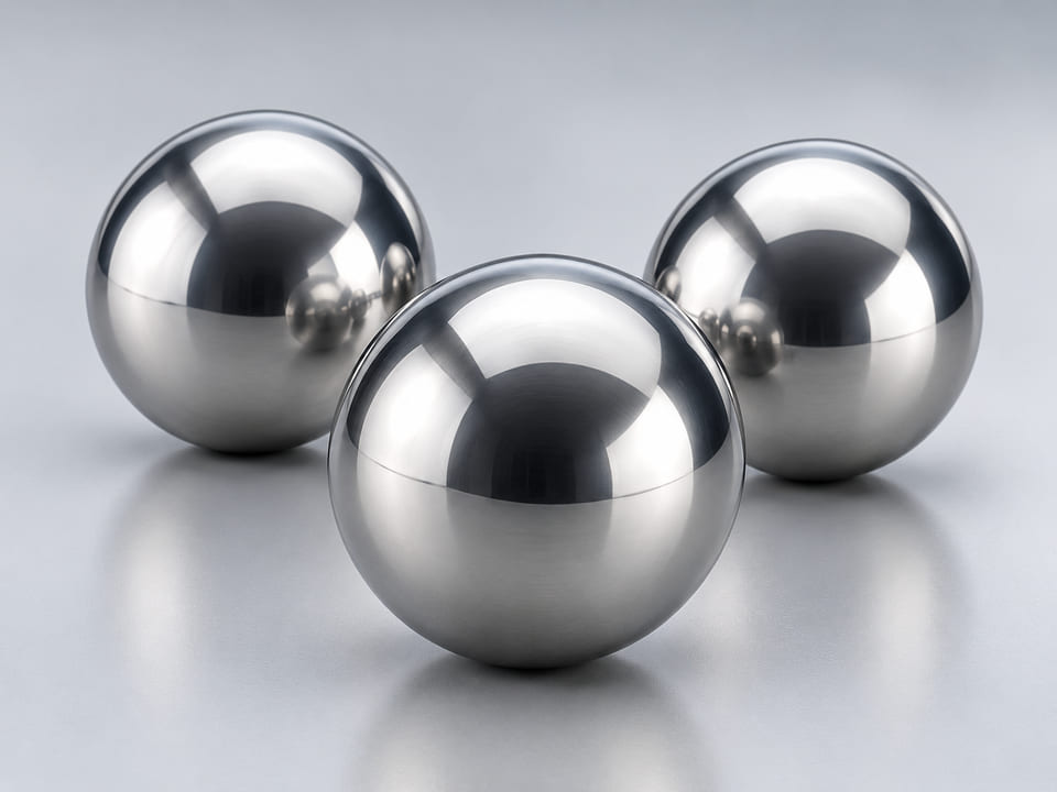 Conceito de produto CGI de esferas de aço inoxidável 420A/420B; material e geometria ilustrativos