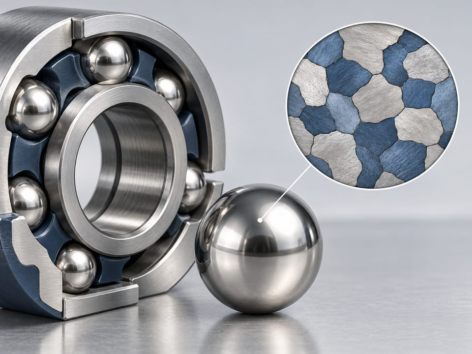 Conceptual CGI: a polished metal sphere with one abstract enlarged two-tone interlocking grain mosaic in a separate circular inset, explicitly conceptual duplex phases, not actual microscopy