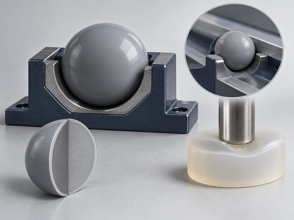 CGI conceptual: esfera gris de PVC rígido en una cuna de inspección, junto a una muestra de polímero flexible blando; conceptos contrastados de bola rígida y compuesto flexible, no es una afirmación sobre los grados suministrados