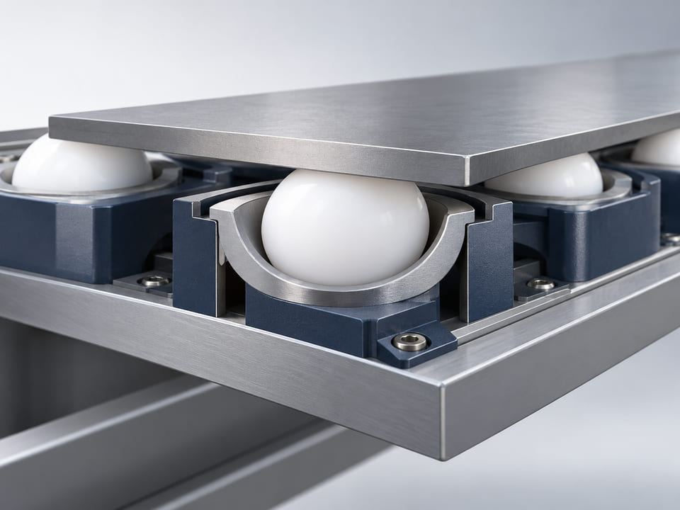 CGI conceptual: corte de un sistema de transferencia en transportador de baja carga con esfera blanca de UHMWPE retenida en una copa ancha bajo una pequeña pieza metálica plana; contacto de rodadura libre verosímil