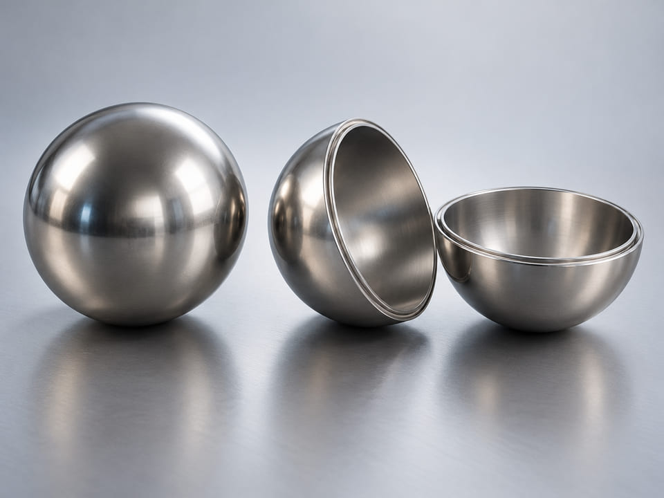 CGI conceptual: esfera intacta de acero inoxidable pulido junto a una envolvente metálica fina separada en dos hemisferios y sus medias envolventes correspondientes; pared fina uniforme, cavidad vacía visible y borde de unión circunferencial, sin interior de esfera maciza
