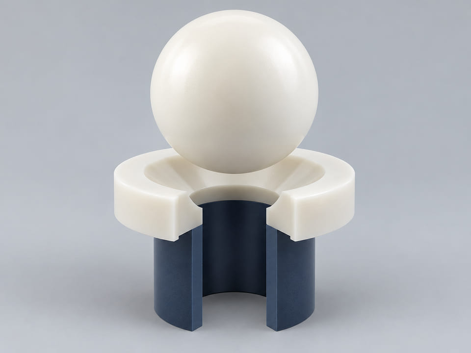 CGI conceptuelle : sphère pleine en polyfluorure de vinylidène ; nuance exacte et additifs identifiés, au-dessus d’un siège annulaire conique et d’un alésage vertical ouvert aligné ; concept de contact axial du composant