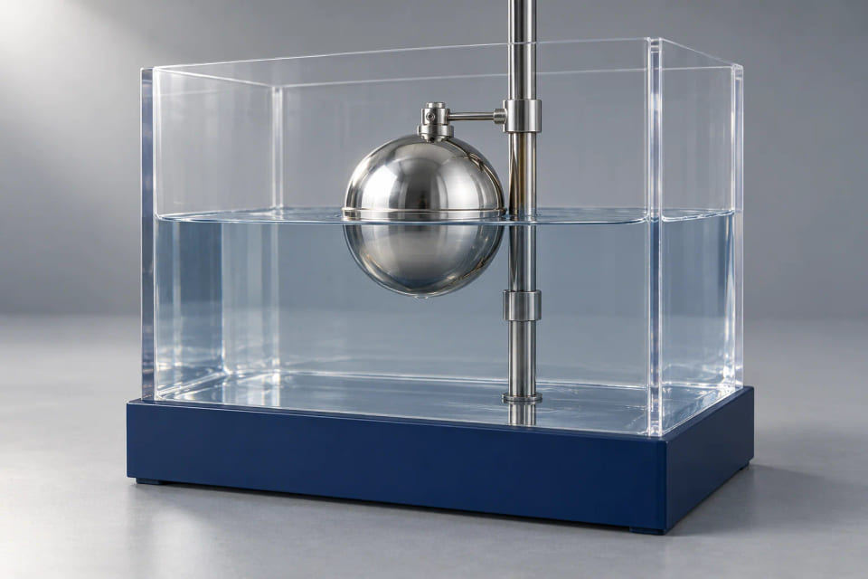 CGI hollow spherical float partly submerged beside a guide in a demonstration tank