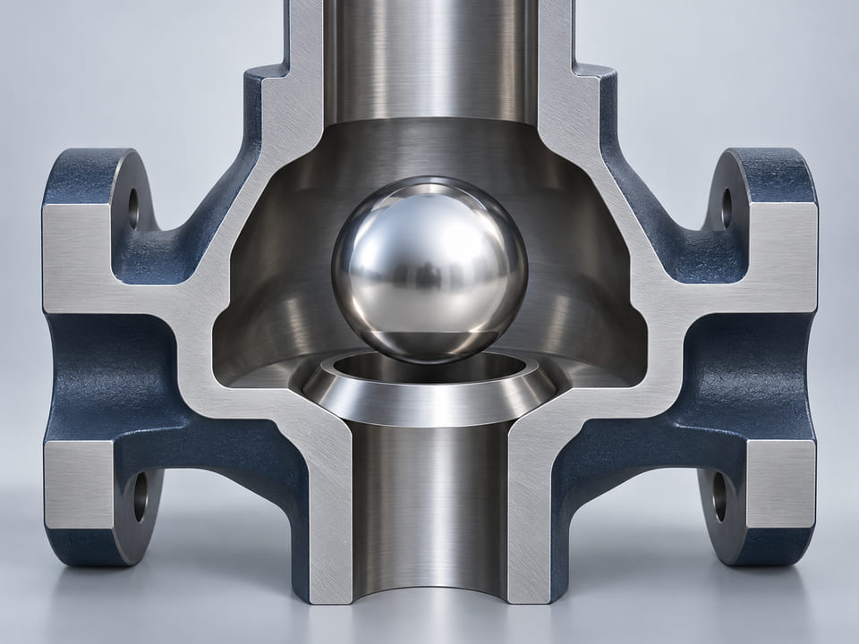 Conceptual CGI: A simple vertical check valve section: complete polished silver solid sphere positioned just above an annular conical seat with a single axial passage below, surrounding metal housing section clearly open to viewer, no through-hole in sphere