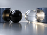 Conceptual CGI: Glossy black glass sphere beside matching clear glass sphere under the same restrained light source; show opacity and edge transmission concept, no electronics claims