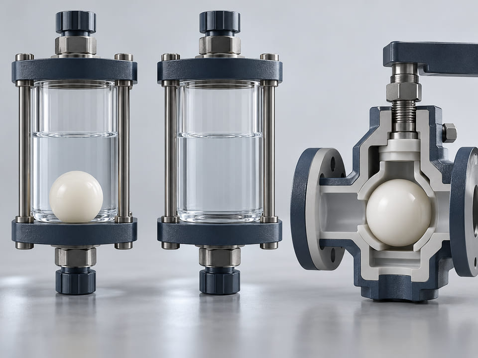 CGI conceptuelle : sphère blanc cassé en PVDF dans une cellule d’échantillon transparente pour produits chimiques à côté d’une cellule de référence vide identique ; concept mesuré d’évaluation de compatibilité, sans corrosion spectaculaire ni garantie