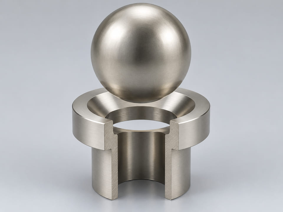 Conceptual CGI: Complete Specified nickel-based alloy and metallurgical condition; project review required sphere above a conical annular seat and an aligned open vertical bore; axial component contact concept
