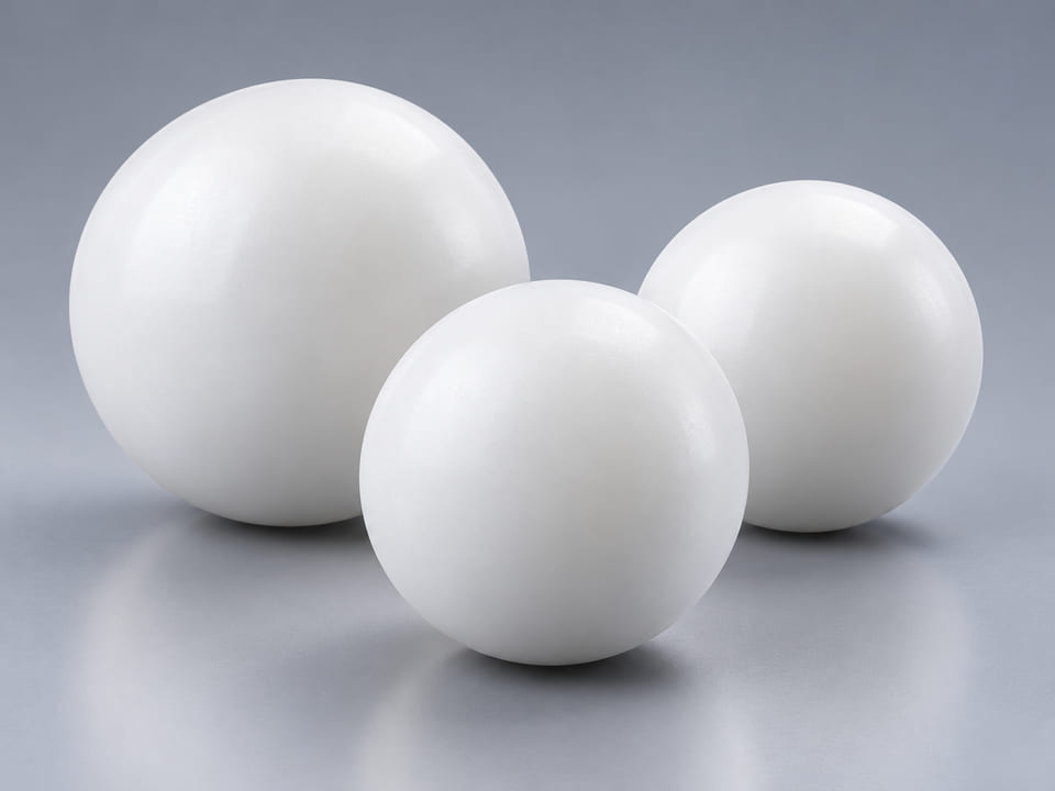 Concepto de producto CGI de bolas de UHMWPE; materiales y geometría ilustrativos