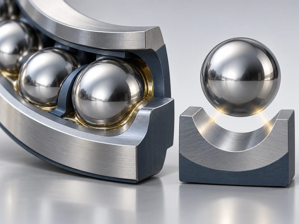 Conceptual CGI: a polished steel sphere on a curved raceway with restrained lubricant meniscus, separate sphere and raceway showing point-contact geometry