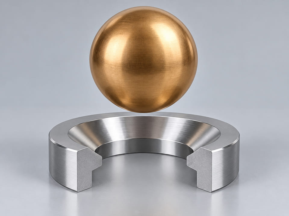 Conceptual CGI: Complete bronze sphere, separate annular seat and flat metallic coupon; material and contact comparison