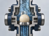 Conceptual CGI: Precision chemical metering pump check-valve cutaway with an ivory PEEK sphere and broad annular stainless seat, simple vertical cavity and flow passage, no labels