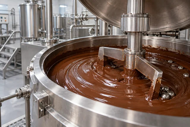 CGI application scene of a stainless vessel in chocolate refining