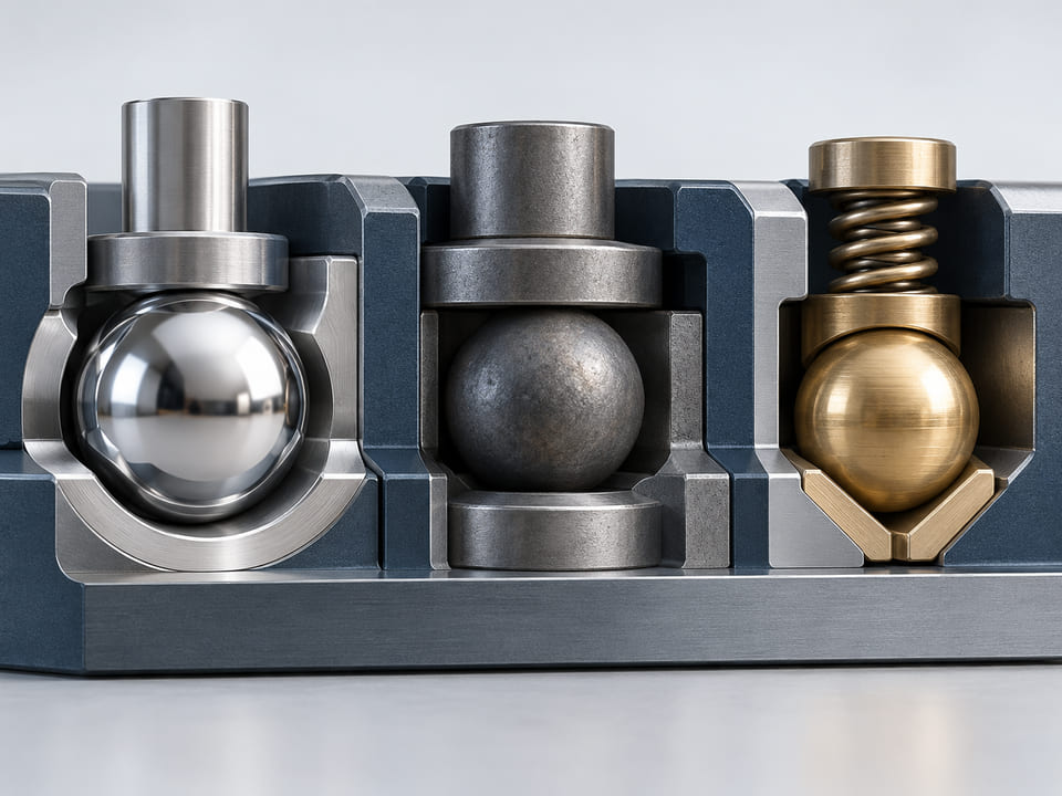 Conceptual CGI: a polished stainless steel ball beside a matte carbon-steel ball and a warm brass ball in three separated pockets, no unearned material-identification marks