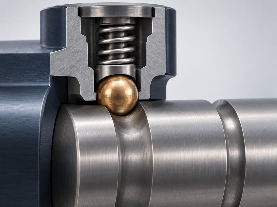 Konzeptionelle CGI-Darstellung: kompakter Schnitt durch einen mechanischen Rastmechanismus, in dem eine Phosphorbronzekugel eine glatte Stahlrinne berührt