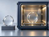 Concepto CGI: esfera transparente de borosilicato en una cámara de ensayo neutra con temperatura controlada y una segunda esfera de referencia en el exterior; concepto de revisión térmica cualitativa, sin llamas ni valores de temperatura falsos