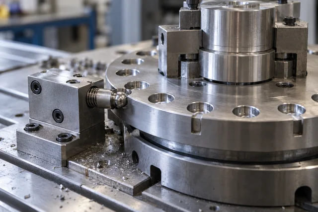 CGI application scene of a ball plunger engaging a rotary indexing fixture