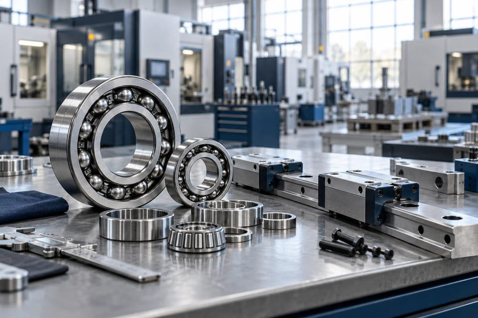 CGI concept of bearing and linear-motion components on a precision-machinery workbench