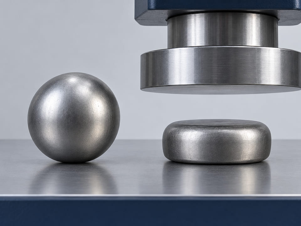 CGI conceptuelle : sphère en acier doux complète à côté d'un échantillon du même matériau volontairement aplati ; comparaison de formage