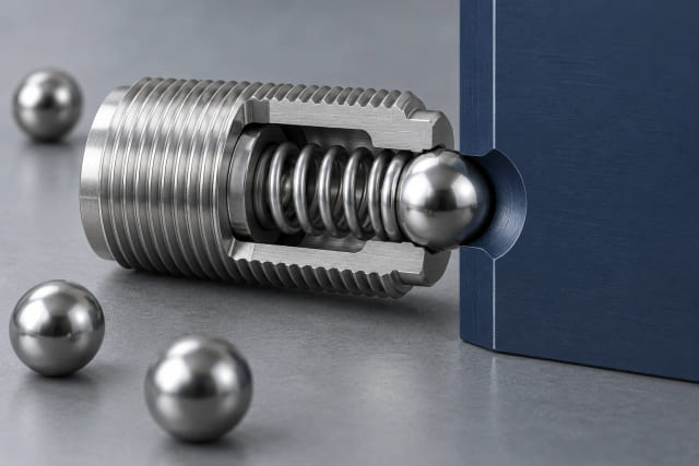 CGI spring-plunger cutaway with a ball contacting a positioning recess