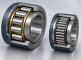 Conceptual CGI: A simple bearing cutaway with silver cylindrical rollers running parallel between concentric steel races, adjacent compact needle bearing section with slim axial rollers; mechanically credible orientation, no hybrid crossed impossible rollers