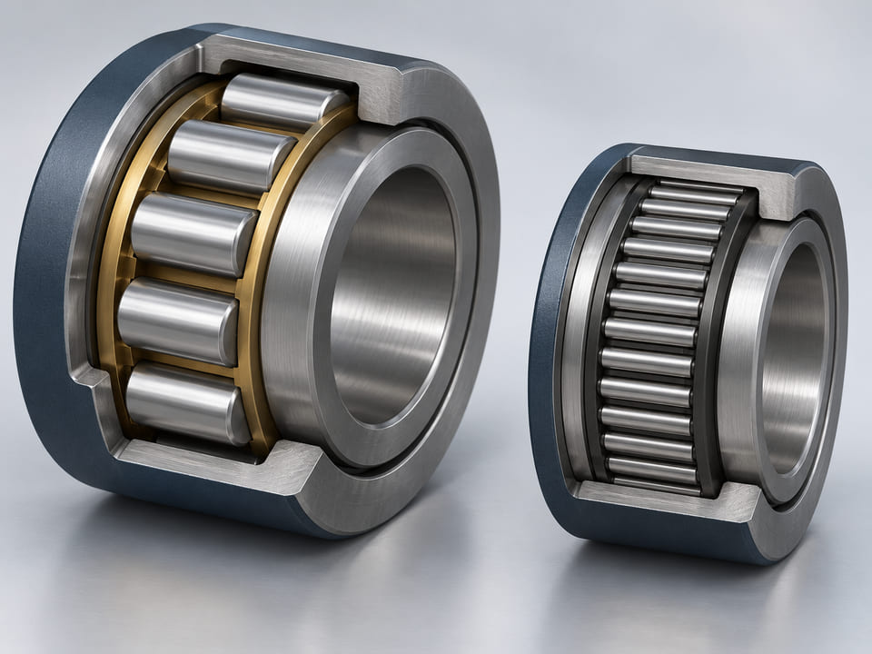 Conceptual CGI: A simple bearing cutaway with silver cylindrical rollers running parallel between concentric steel races, adjacent compact needle bearing section with slim axial rollers; mechanically credible orientation, no hybrid crossed impossible rollers