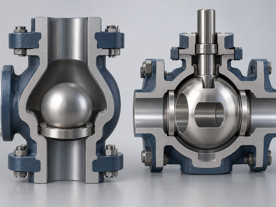 Conceptual CGI: Two coherent adjacent valve concepts: a solid check-valve sphere above an annular seat, beside a separate quarter-turn valve sphere with one large axial bore and stem slot; clearly distinguish solid closure ball and bored rotary valve ball, no labels