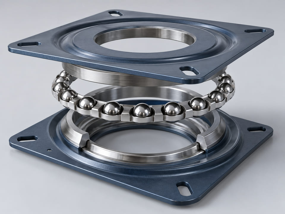 Conceptual CGI: furniture swivel bearing exploded view with a restrained dry interior race and steel spheres