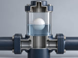 CGI conceptual: cámara indicadora vertical y transparente de líquido con una esfera blanca de HDPE flotando en un menisco visible; carcasa conceptual sencilla y ventilada, sin válvulas ni tuberías imposibles