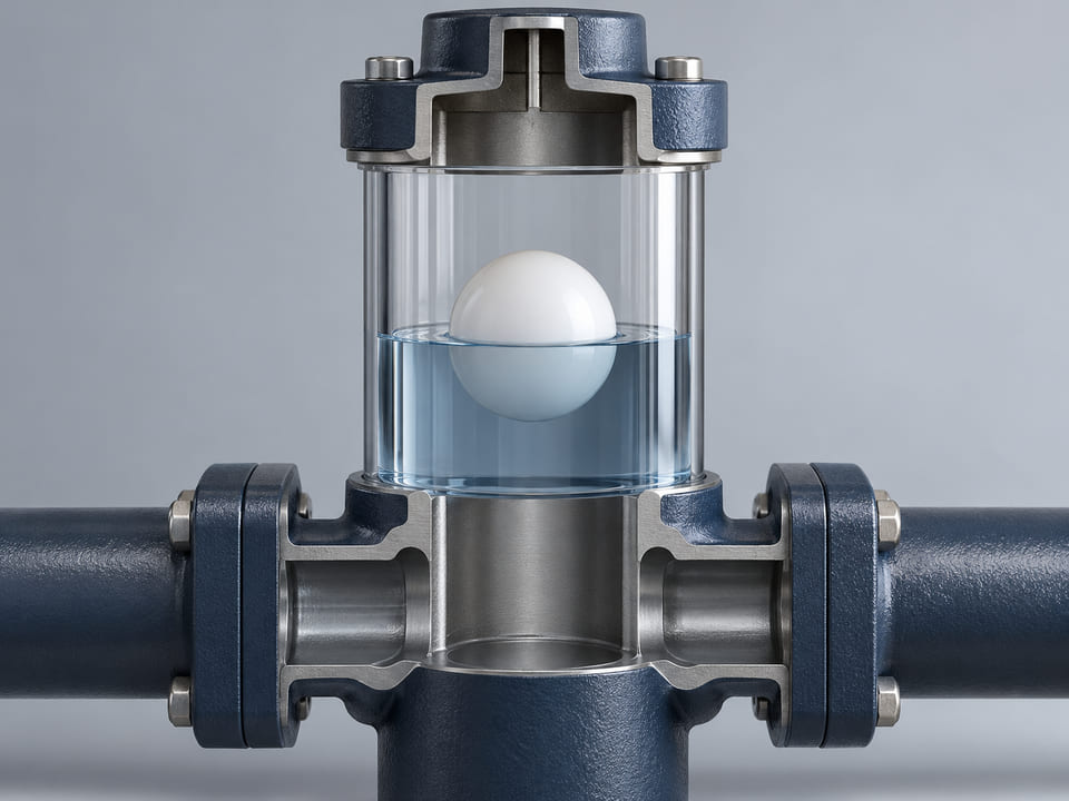 CGI conceptual: cámara indicadora vertical y transparente de líquido con una esfera blanca de HDPE flotando en un menisco visible; carcasa conceptual sencilla y ventilada, sin válvulas ni tuberías imposibles