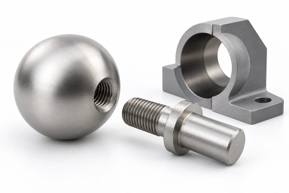 CGI concept of a tapped stainless sphere, separate matching mounting rod and support bracket