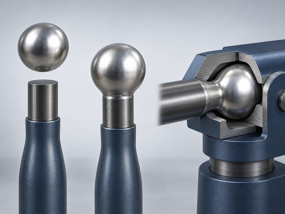CGI conceptuelle : extrémité d'une poignée industrielle en acier avec une sphère argentée avant et après la fixation par soudage ; joint lisse visible, sans étincelles ni personnes