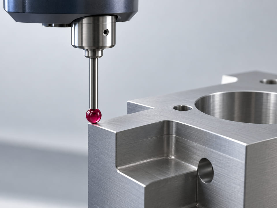 Konzeptionelles CGI: Präzisions-Messtaster mit einer rubinroten Kugel an einem schlanken Metallschaft, der sich einem neutralen bearbeiteten Referenzblock nähert; keine numerische Anzeige und keine angedeutete Kalibrierung