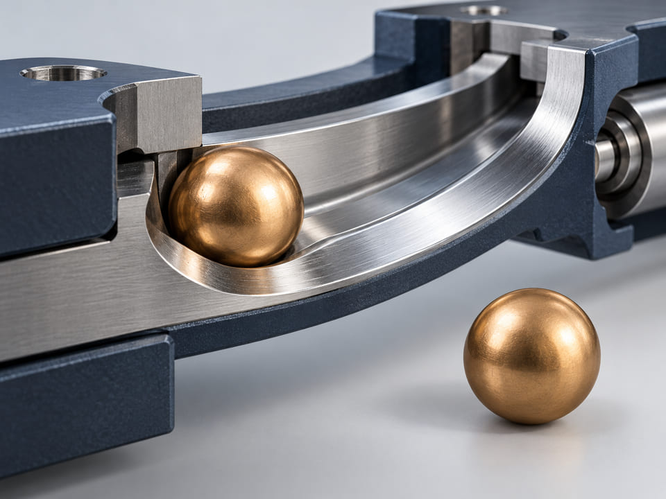Konzeptionelle CGI-Darstellung: warme bronzefarbene Kugel auf einer glatten gekrümmten Stahlschiene sowie eine davon getrennte intakte Kugel; veranschaulicht ein Kontaktpaar aus verschiedenen Werkstoffen statt abstrakter Härteaussagen