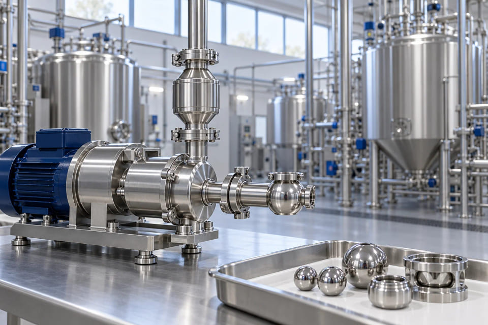 CGI concept of stainless process equipment and spherical component samples in a hygienic equipment setting