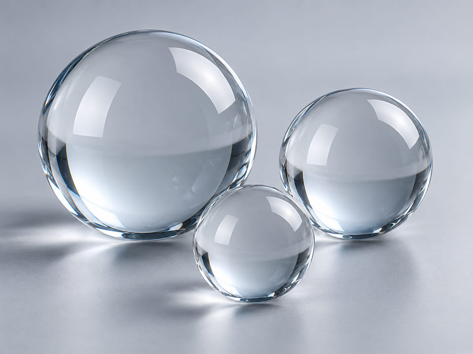 Concepto CGI del producto Bolas de vidrio borosilicato; material y geometría ilustrativos