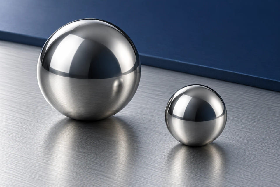 CGI close-up of polished stainless-steel material spheres