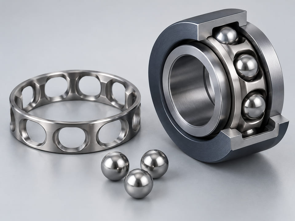 Conceptual CGI: A stamped circular metal cage with smooth evenly spaced pockets and three loose steel balls beside it, second matching cage section holding individual balls with visible running clearance, no load ratings or measurements