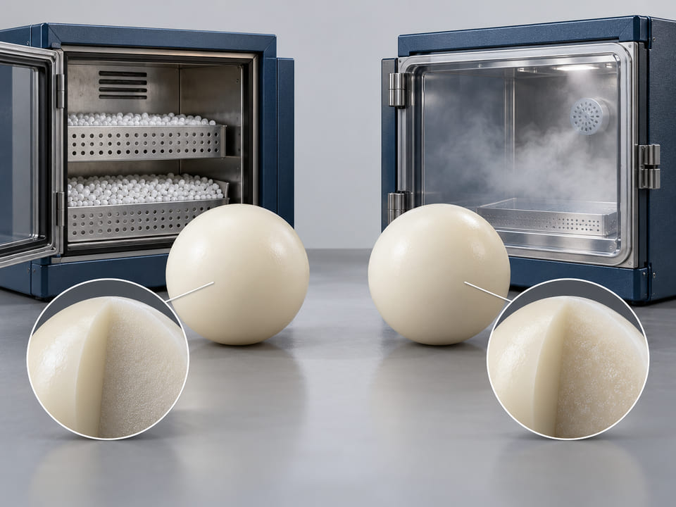 Conceptual CGI: Two ivory polymer spheres with dry conditioning container on one side and humid conditioning chamber on the other; engineering conditioning concept, no visible water inside solid balls
