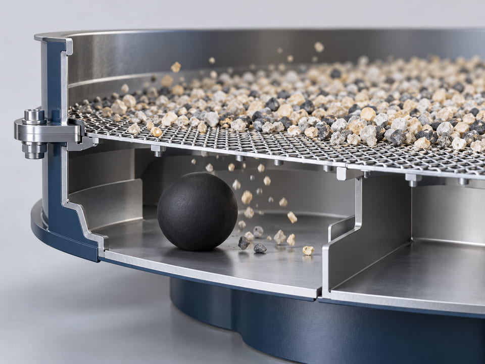 Konzeptionelle CGI-Darstellung: Abschnitt eines Industriesiebs mit einer mattschwarzen Gummireinigungskugel in einem Fach unter dem Siebgewebe; ausreichend Freiraum für die sanfte Bewegung der Kugel; saubere, abstrakte Industrieszene ohne sichtbare Körner