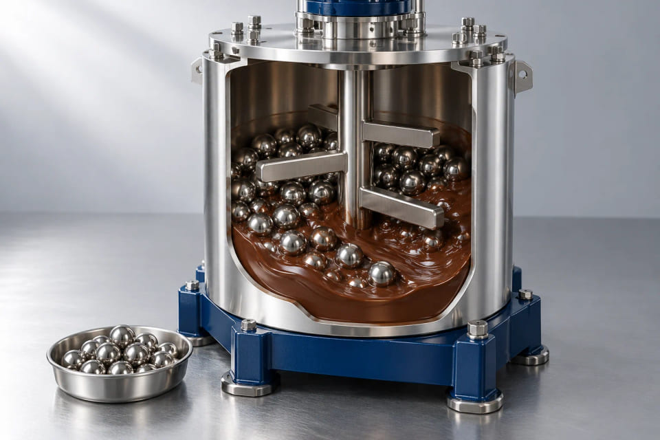 CGI concept of steel refining media in a chocolate-processing arrangement