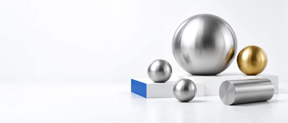 CGI concept of steel and brass balls with a solid cylindrical roller in a bright studio