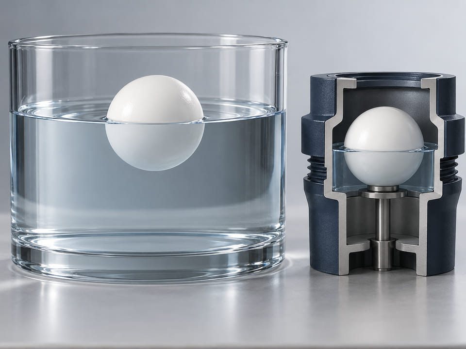 CGI conceptual: esfera blanca de polipropileno parcialmente sumergida y flotando en un recipiente con agua transparente, junto a una pequeña cámara abierta de muestras; concepto de flotabilidad con menisco visible y limpio