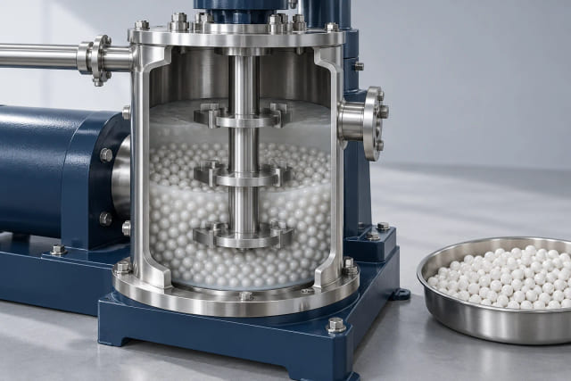 CGI agitator-mill concept with spherical ceramic-like media in a cutaway chamber