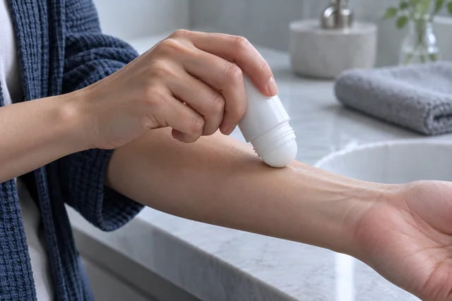 CGI application scene of a cosmetic roll-on ball applying formulation to a forearm