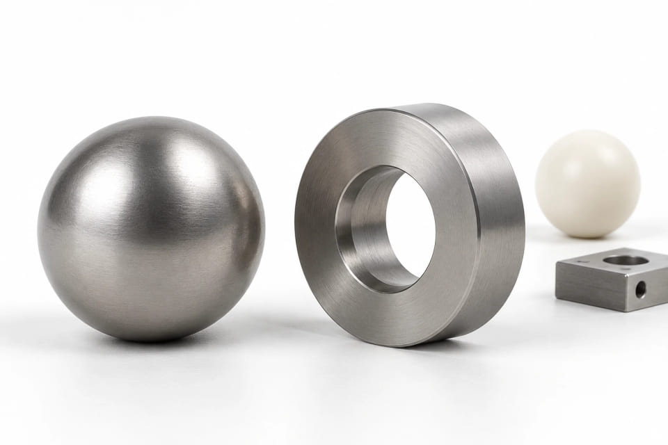 CGI concept of a steel sphere and separate annular seat beside a mounting block and polymer alternative