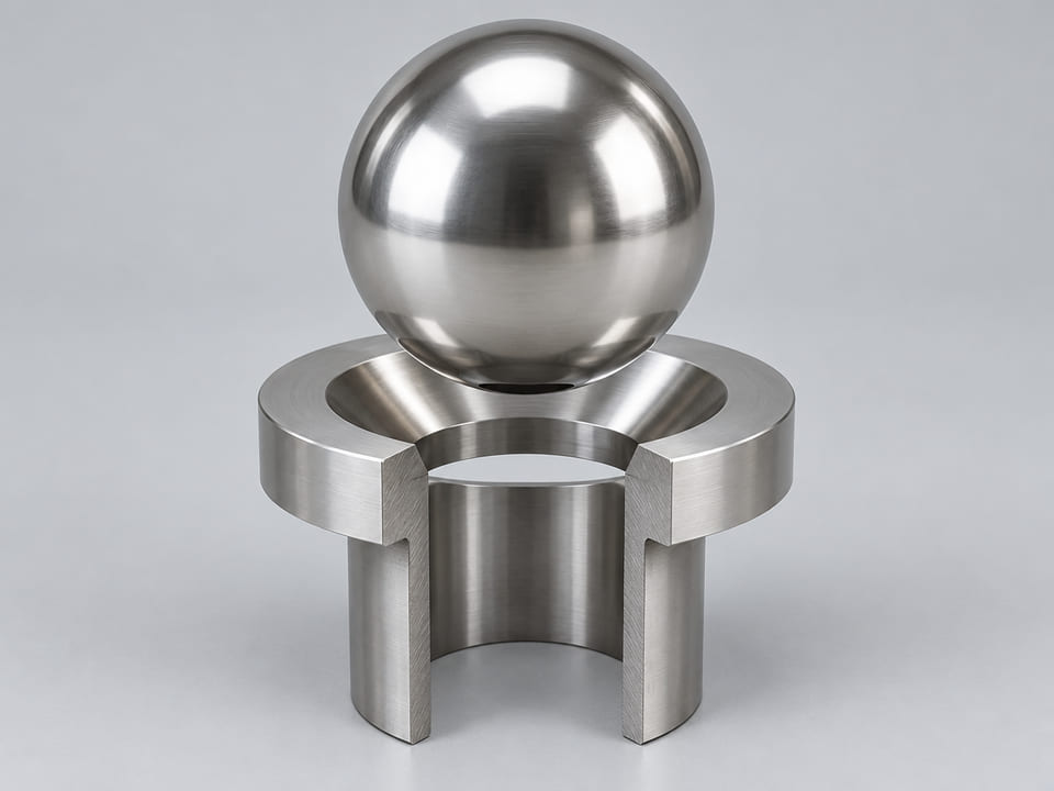 Conceptual CGI: Complete Specified duplex or superduplex stainless steel; exact grade subject to project review sphere above a conical annular seat and an aligned open vertical bore; axial component contact concept