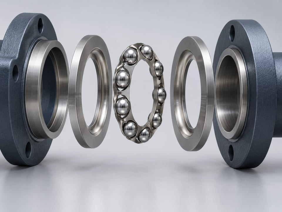 Conceptual CGI: Exploded light-duty ball bearing assembly showing two shallow circular race washers and a thin stamped metal ring retaining evenly spaced steel spheres, correctly coaxial assembly with restrained clear spacing